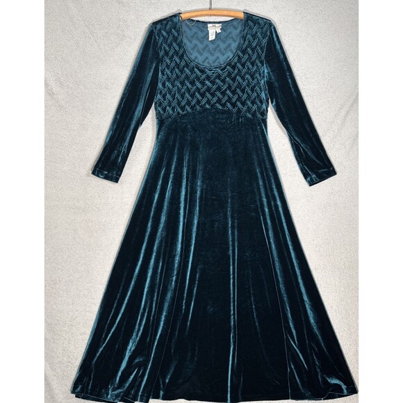 Vintage Cold Water Creek Women’s Maxi Dress Size M Green Velvet Babydoll Holiday - Picture 1 of 16